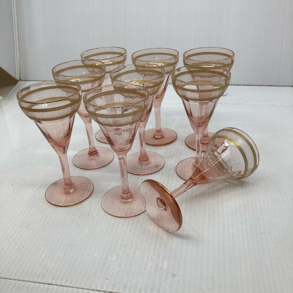 Vtg 1940 pink depression gold trim porto liquor cherry cordial lot of 9 glasses